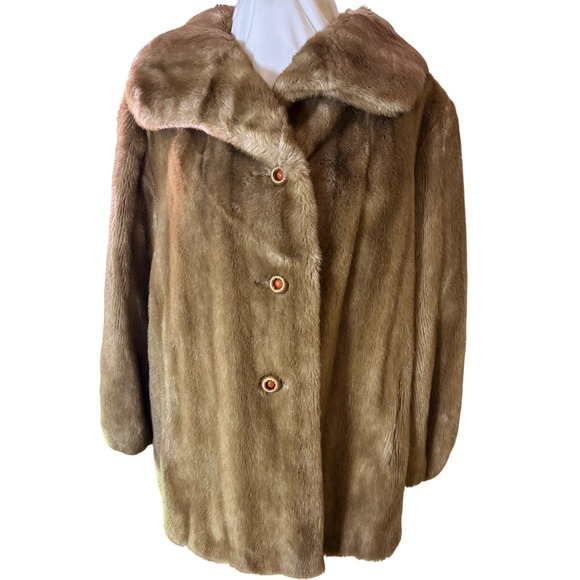 1950/60s L/XL Grandella Faux Fur Coat Brown Vintage ORANGE Button Collar Jacket - Picture 1 of 16